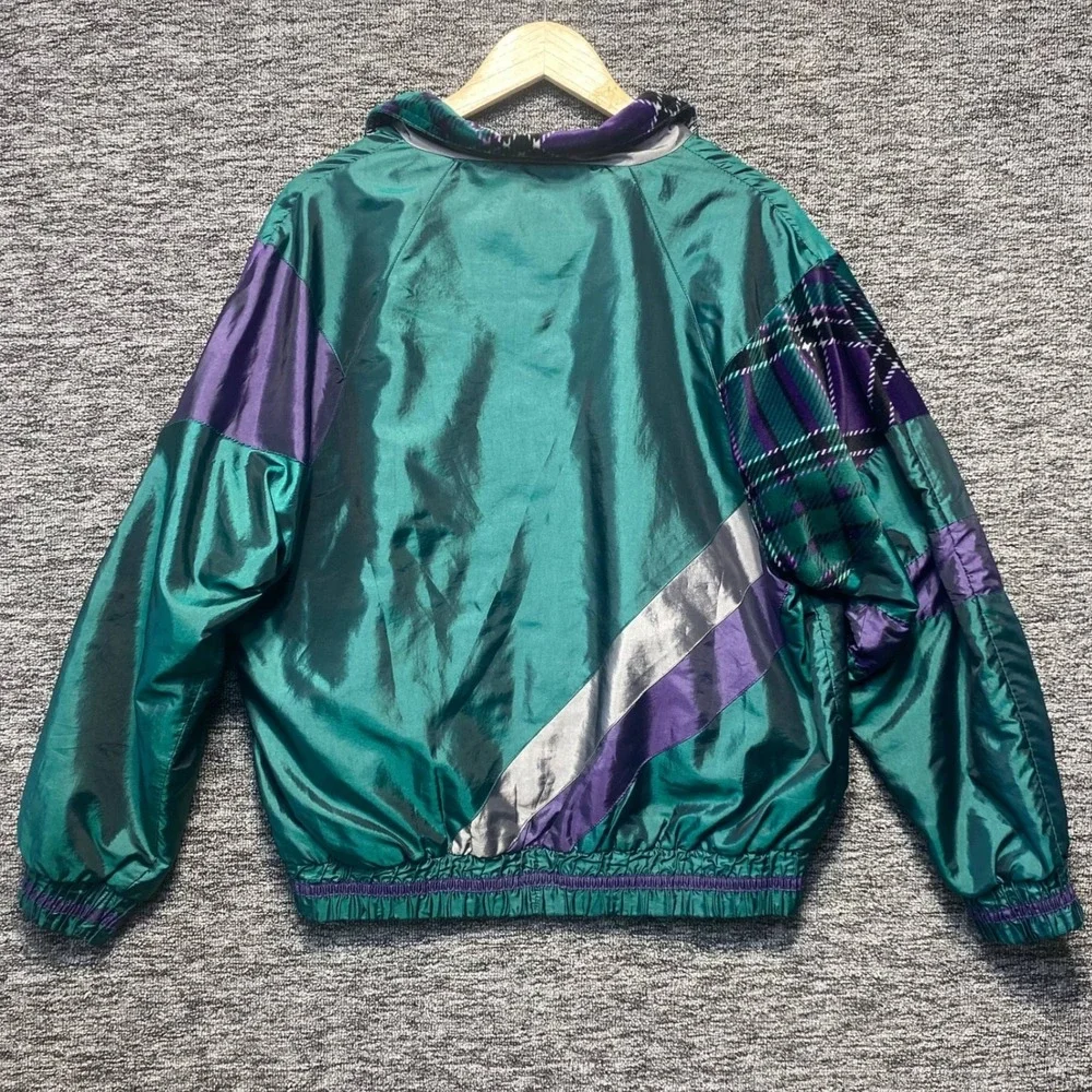 Vintage Outbrook Windbreaker Jacket Womens L Large Teal Purple Plaid Colorblock
